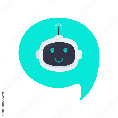 Robot chatbot head icon sign in the speech bubble flat style design vector illustration isolated on white background. Cute AI bot helper mascot character concept symbol business assistant.