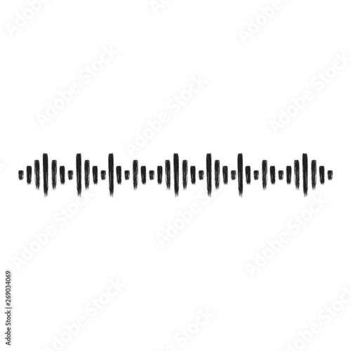 Hand drawn brush stroke dirty art sound wave symbol icon sign isolated on white background. Black and white composition of the symbol digital equalizer of audio sound wave.