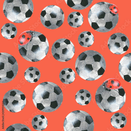 Football balls and ladybirds on red background, seamless pattern, acrylic drawn