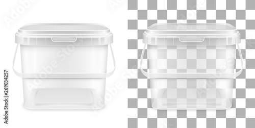 Vector transparent square empty plastic bucket with handle. Front view.