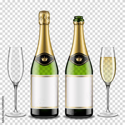 Champagne bottles set with blank label and wine glasses with champagne, isolated on transparent background.