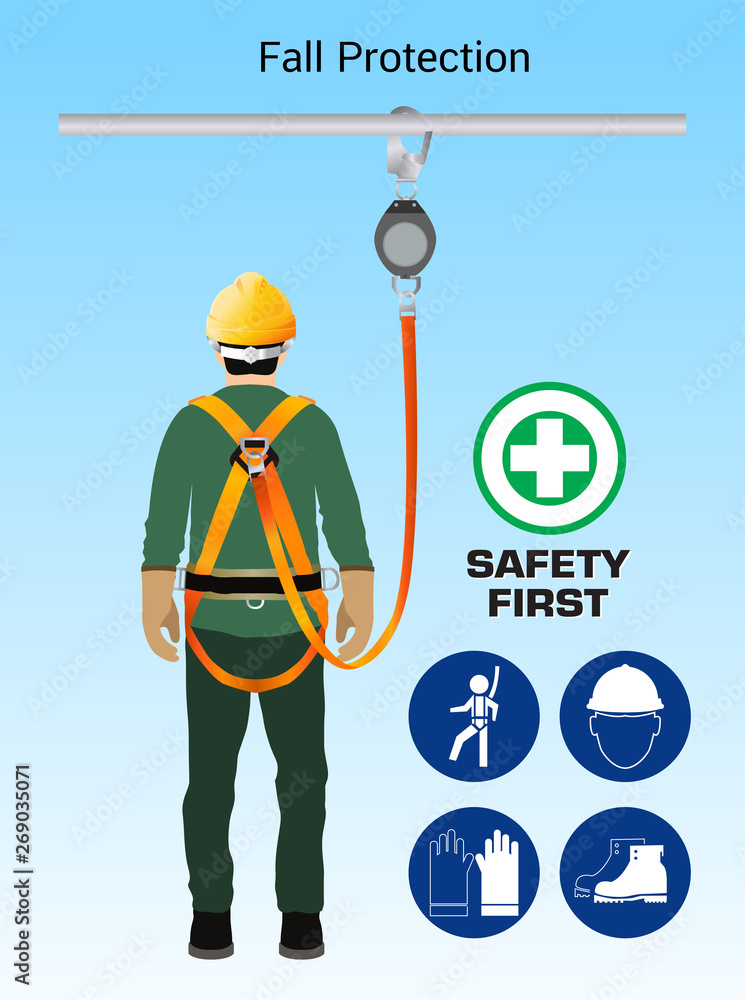 Fall Protection, Construction worker safety first, vector design Stock