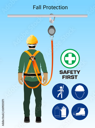 Fall Protection, Construction worker safety first, vector design
