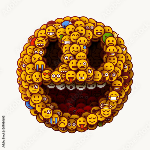 1 April wold fools day. Smiley face made of many small smiles. Unusual and creative smile crowd concept.