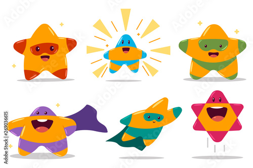 Cute star in superhero costume vector cartoon characters set isolated on a white background.