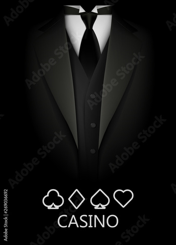 Tuxedo with suit of cards background. Casino concept. Elite poker club.