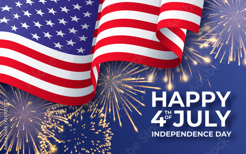 USA Independence day. Banner with waving American national flag and fireworks. 4th of July poster template