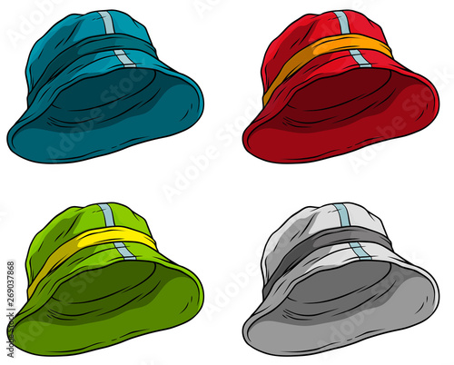 Cartoon colorful summer panama hat or cap. Isolated on white background. Vector icon set.