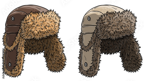 Cartoon colorful winter fur hat or cap with ear flaps. Isolated on white background. Vector icon set.