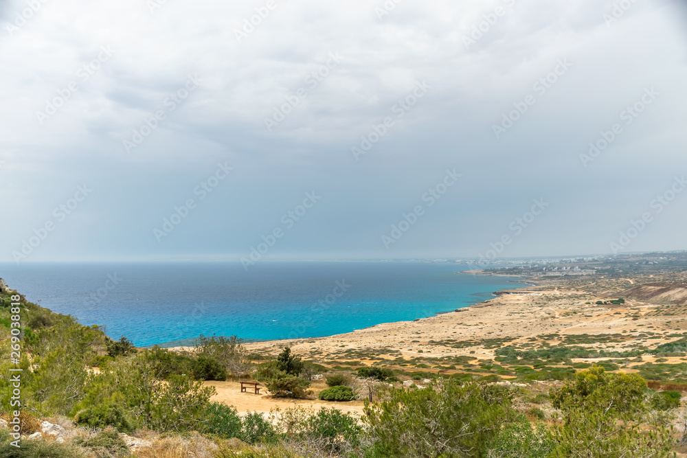 Panoramic view of the city of Ayia Napa from the viewpoint on the top of the mountain Cape Cavo Greco.