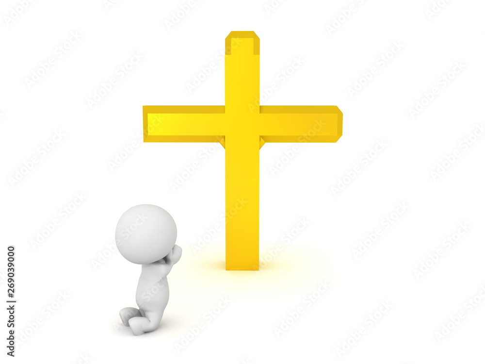 Obraz premium 3D Character praying on his knees in front of cross