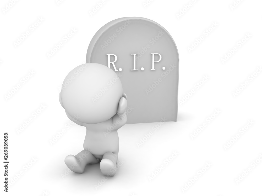 3D Character is sad in front of a gravestone 3D Character is sad in front of a gravestone