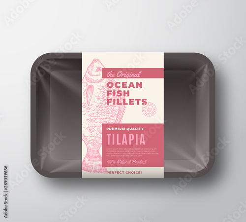 The Original Fish Fillets Abstract Vector Packaging Design Label on Plastic Tray with Cellophane Cover. Modern Typography and Hand Drawn Tilapia Silhouette Background Layout.