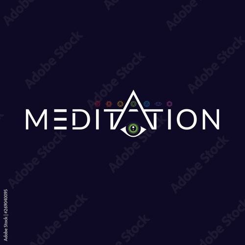 Meditation pray sign with third eye in letter A and chakras set