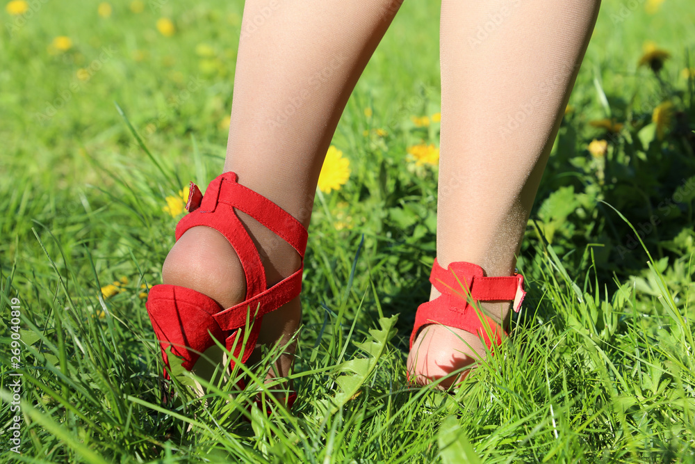 Female feet in red shoes on high heels in a grass, woman walking on a green meadow with dandelion flowers. Concept of summer fashion, stylish girl in a countryside