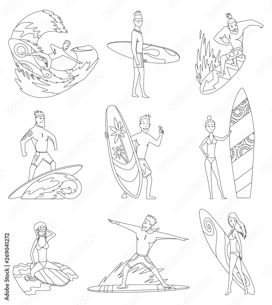 Obraz premium Surfboarders coloring book riding on waves set, surfer men with surfboards in different poses vector Illustrations.