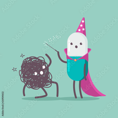 Medical pill wizard with a magic wand and virus vector cartoon cute characters isolated on background.