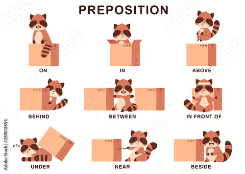 Preposition of place illustration with cute raccoon and box. Vector cartoon set isolated on a white background.