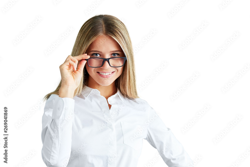 Smiling young woman with glasses isolated on white Smiling young woman with glasses isolated on white