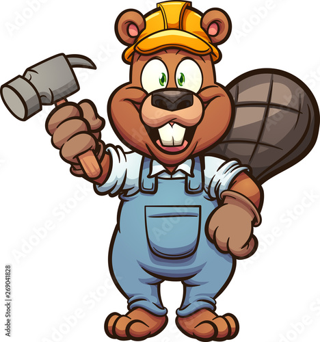 Happy construction beaver holding a hammer clip art. Vector illustration with simple gradients. All in a single layer. 