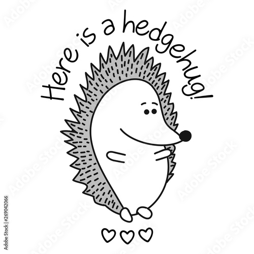 Here is a hedgehug! - Cute little hedgehog character. T-Shirts, Hoodie, Tank, gifts. Vector illustration text for clothes.  Kids calligraphy background. lettering typography