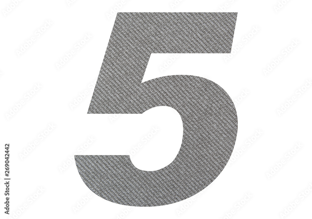 Fototapeta premium Number 5,five with gray fabric texture on white background