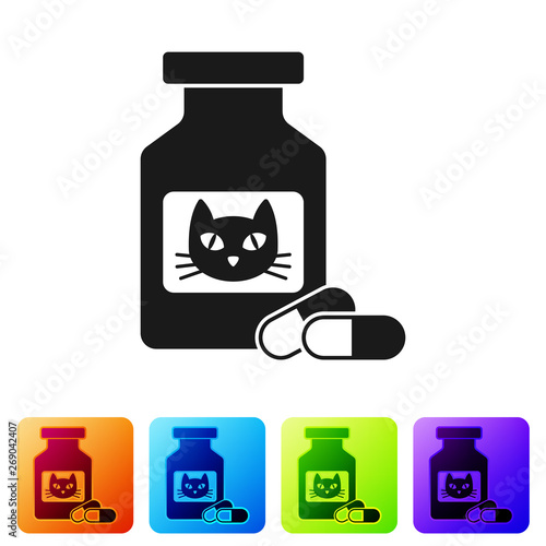 Black Cat medicine bottle and pills icon isolated on white background. Container with pills. Prescription medicine for animal. Set icon in color square buttons. Vector Illustration