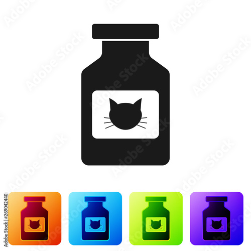 Black Cat medicine bottle icon isolated on white background. Container with pills. Prescription medicine for animal. Set icon in color square buttons. Vector Illustration