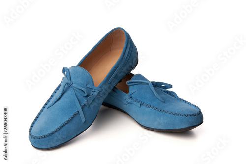 Blue suede man's moccasins shoes isolated on white