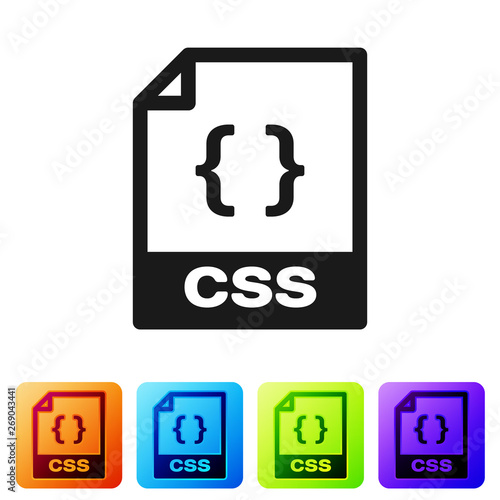 Black CSS file document icon. Download css button icon isolated on white background. CSS file symbol. Set icon in color square buttons. Vector Illustration