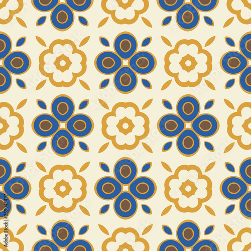 Ornamental geometric floral seamless pattern of alternating four petal flowers and geo symbols. Modern take on a vintage tiled type design. Vector. Great for textiles, wallpaper, home decor and paper.