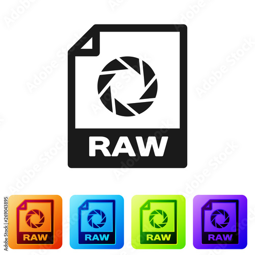 Black RAW file document icon. Download raw button icon isolated on white background. RAW file symbol. Set icon in color square buttons. Vector Illustration