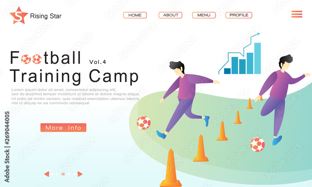 Football practice methode after dribbling past cones hardles and show developmental chart info. Flat vector cartoon illustration fro landing page, website, UI, homepage, UX, banner, web