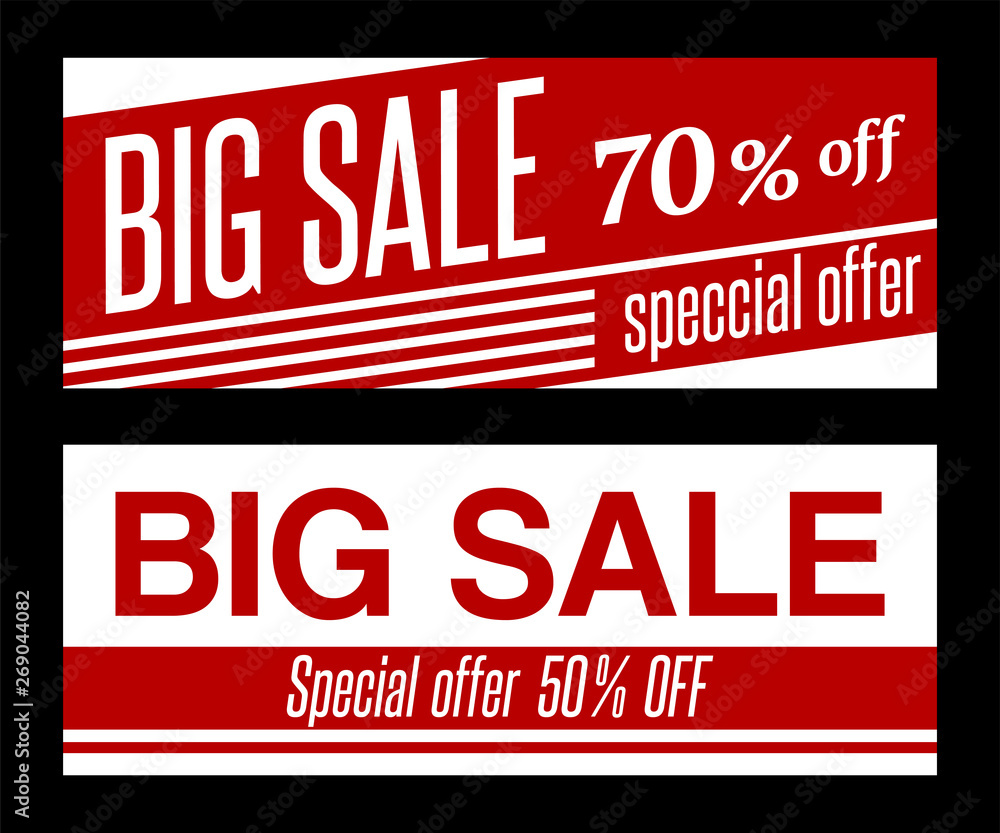 Fototapeta premium Set of two sale banner templates, isolated on black background. Vector colorful illustration.