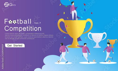 soccer competition with the concept of 3 trophies. gold, silver, bronze. first place is the champion. the team displays their playing style. web, landing page, flyer, banner. flat vector illustration