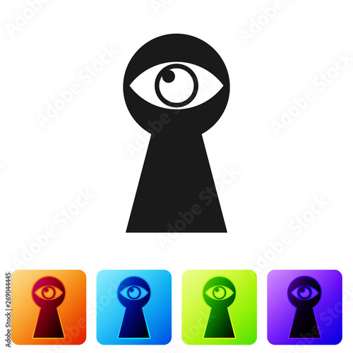 Black Keyhole with eye icon isolated on white background. The eye looks into the keyhole. Keyhole eye hole. Set icon in color square buttons. Vector Illustration