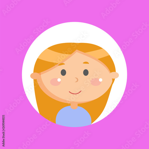 Happy kid in white frame vector, isolated child with smile on face. Childhood of girl, adorable person with long hair, character with positive mood