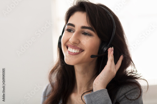 Customer service. Friendly Surrort Phone Operator At Workplace