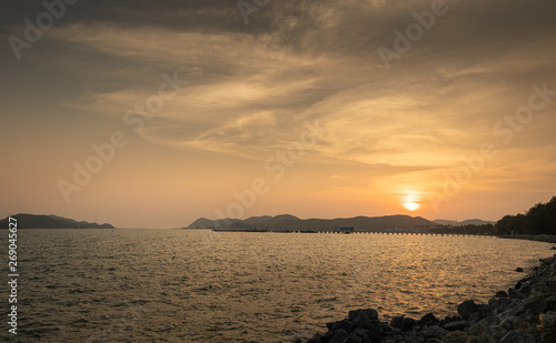 panorama view Sunset or Sundown on the beach and mountains and bridges in dongtan beach, Sattahip, Chonburi Thailand