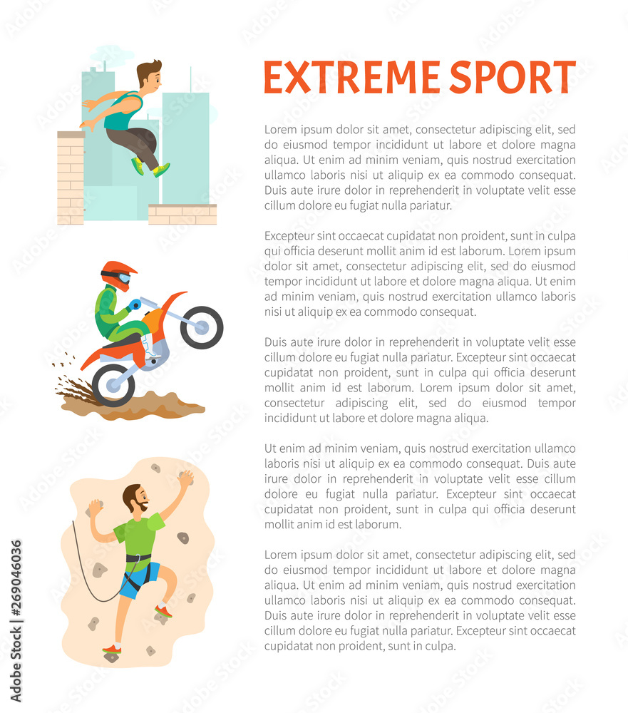 Fototapeta premium Motorbike riding and parkour vector, wall climber male wearing protective equipment, training person. Mountaineering and motorcycle biking poster
