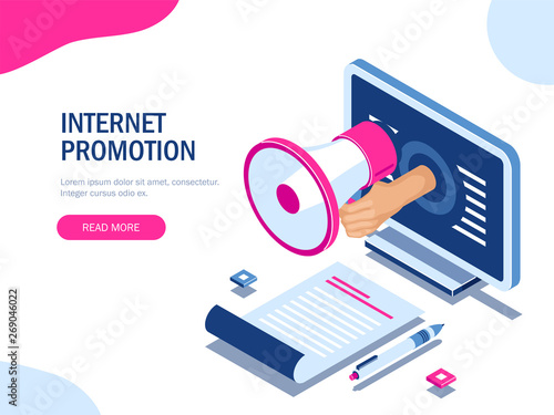Internet Promotion Concept. Modern Vector 3d Isometric.