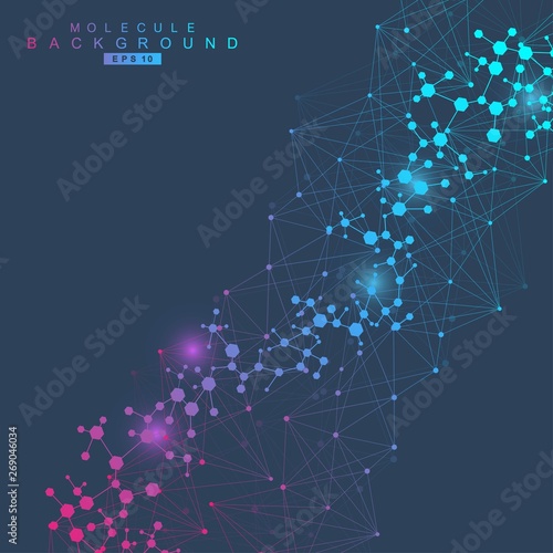 Structure molecule and communication. Dna, atom, neurons. Scientific concept for your design. Connected lines with dots. Medical, technology, chemistry, science background. Vector illustration.