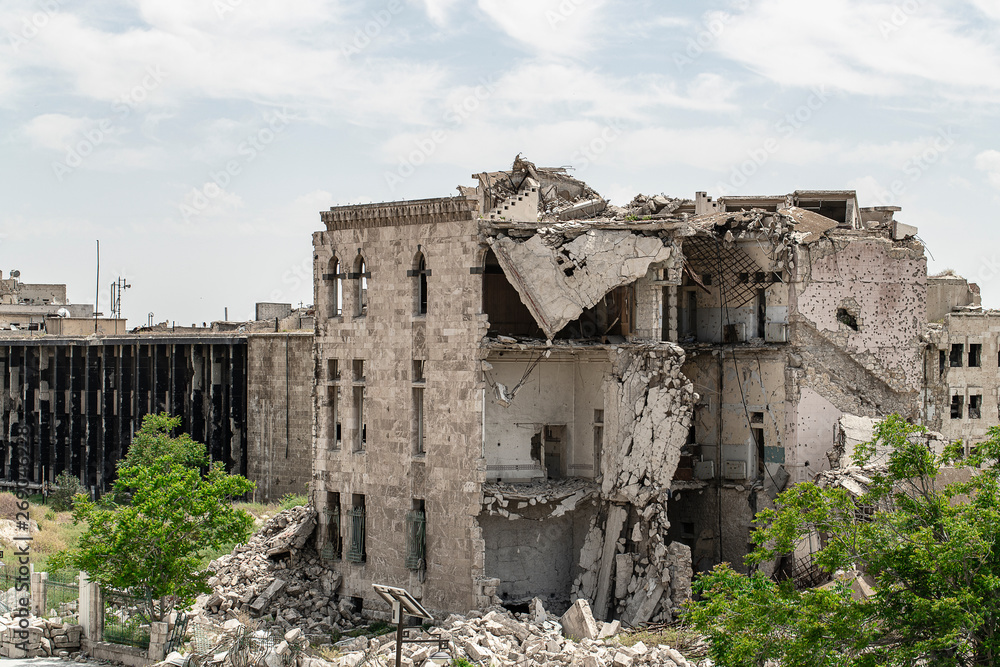City of Aleppo and destroyed building in Syria 2019