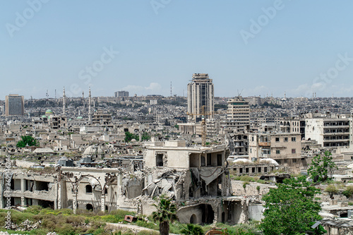 City of Aleppo and destroyed building in Syria 2019