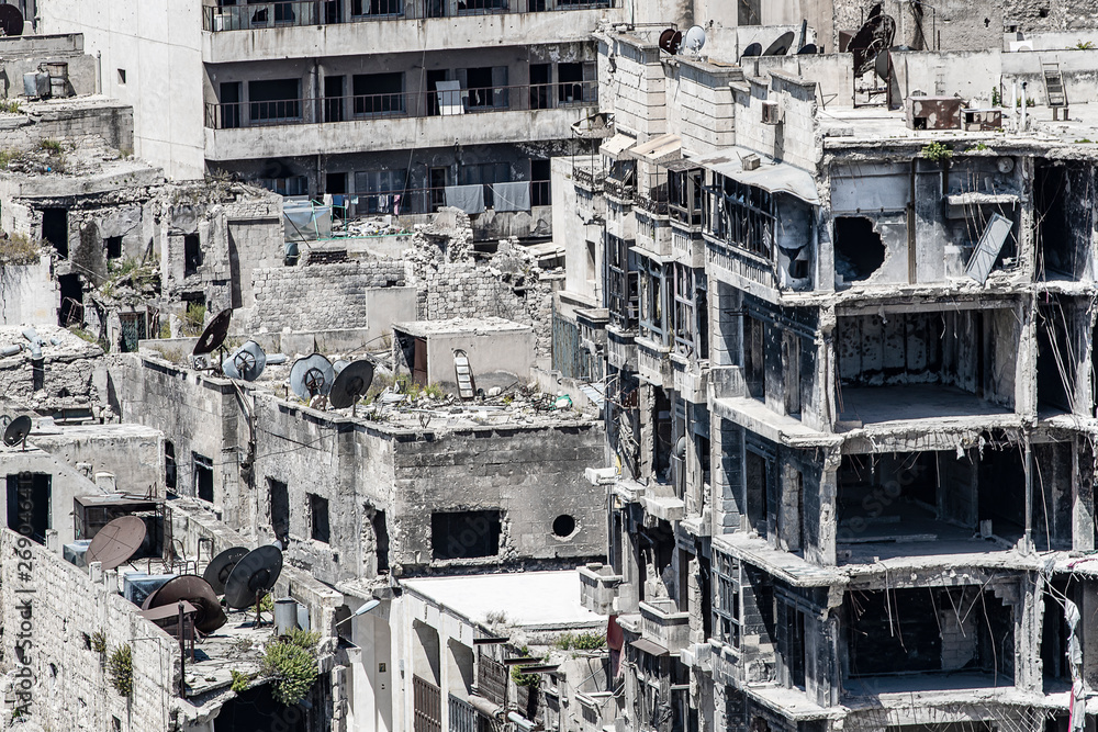 City of Aleppo and destroyed building in Syria 2019