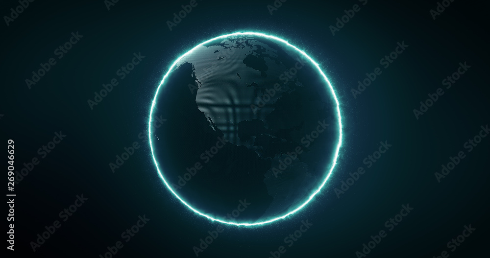 Digital Futuristic Globe with dots and circling. Digital Earth Glowing line and wire frame. 3D rendering.