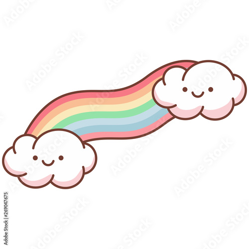 Cute cartoon kawaii cloud with rainbow. Vector illustration isolated on a white background.
