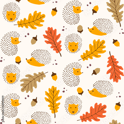 Cute autumn themed pattern - seamless hedgehog and leaves pattern illustration