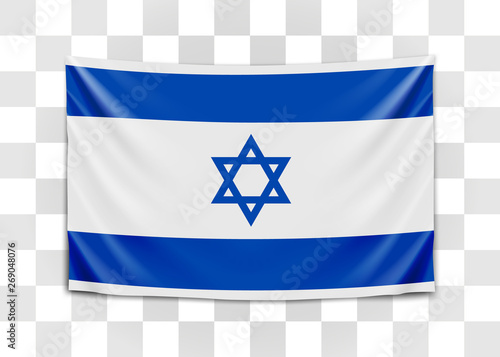 Hanging flag of Israel. State of Israel. Israeli national flag concept.