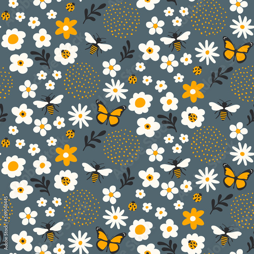 Cute flowers and bugs seamless pattern - Cartoon bugs, plants, herbs, flowers - Childish design for wrapping paper and textile